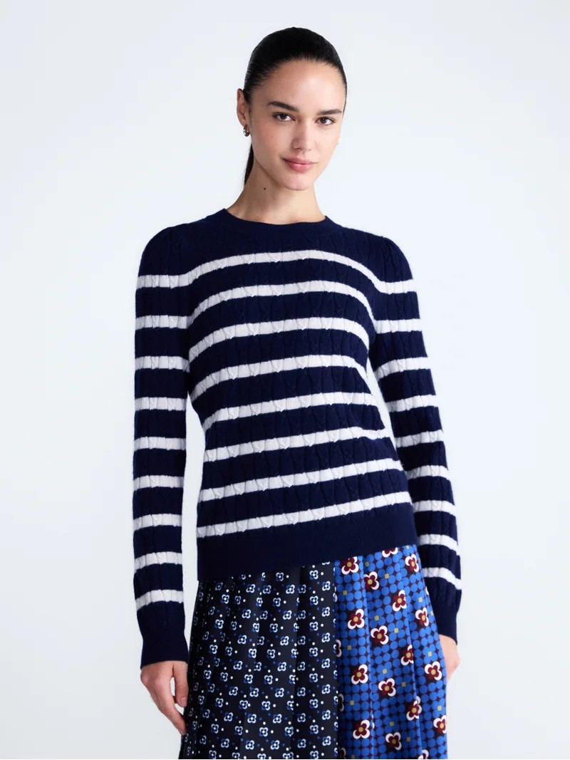 Free Assembly Women's Cashmere Cable Knit Sweater with Puff Sleeves, Midweight, Sizes XS-XXL | Walmart (US)