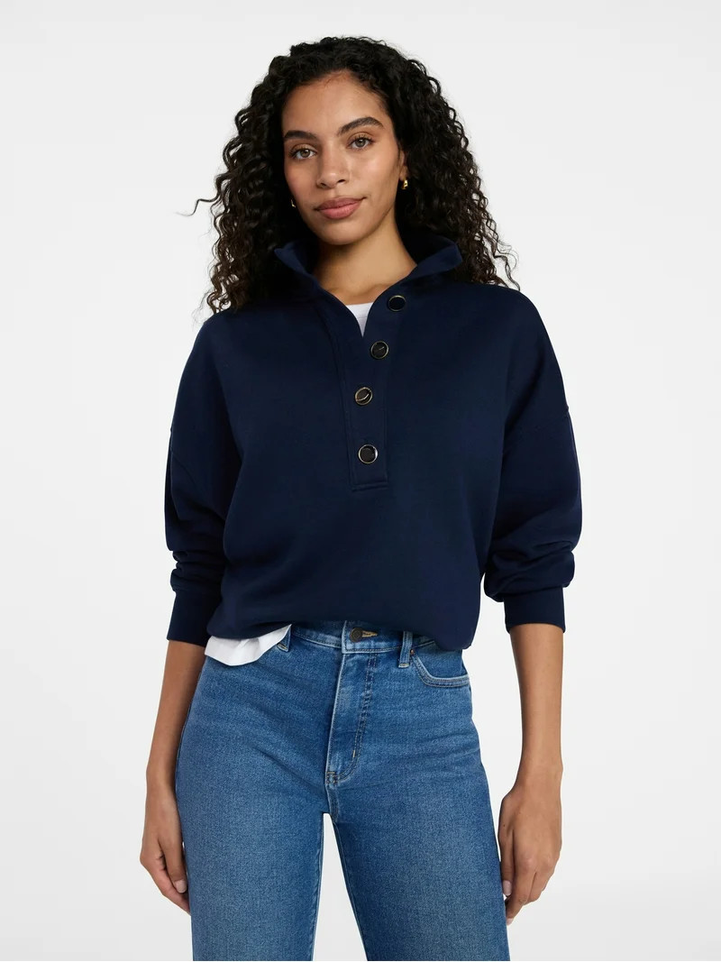 Time and Tru Women's Quarter Button Fleece Top with Long Sleeves, Size XS-XXXL | Walmart (US)