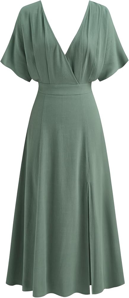 CIDER Maxi Dress for Women V Neck Ruffle Split Linen Blend Midi Summer Dress | Amazon (US)