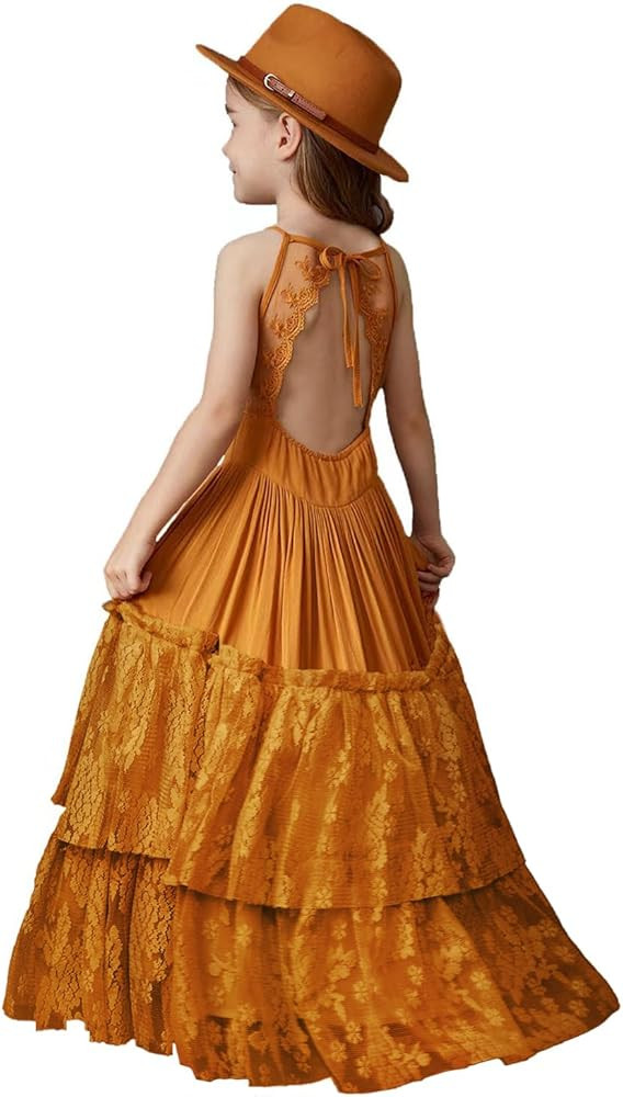 BIBIHOU Girls Kids Lace Back Full-Length Backless Tulle Party Holiday Formal Flower Girl Dress | Amazon (US)