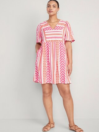 Flutter-Sleeve V-Neck Jacquard Mini Swing Dress for Women | Old Navy (US)