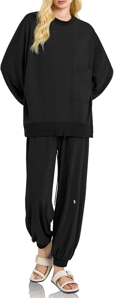 Fiosew Womens 2 Piece Outfit Oversized Pullover Tops Jogger Pants Loungewear Casual Tracksuit Set | Amazon (US)