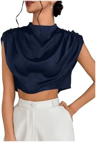 OYOANGLE Women's Elegant Cap Sleeve Satin Top Blouse Ruched Mock Neck Silk Camisole Tops Work Dre... | Amazon (US)