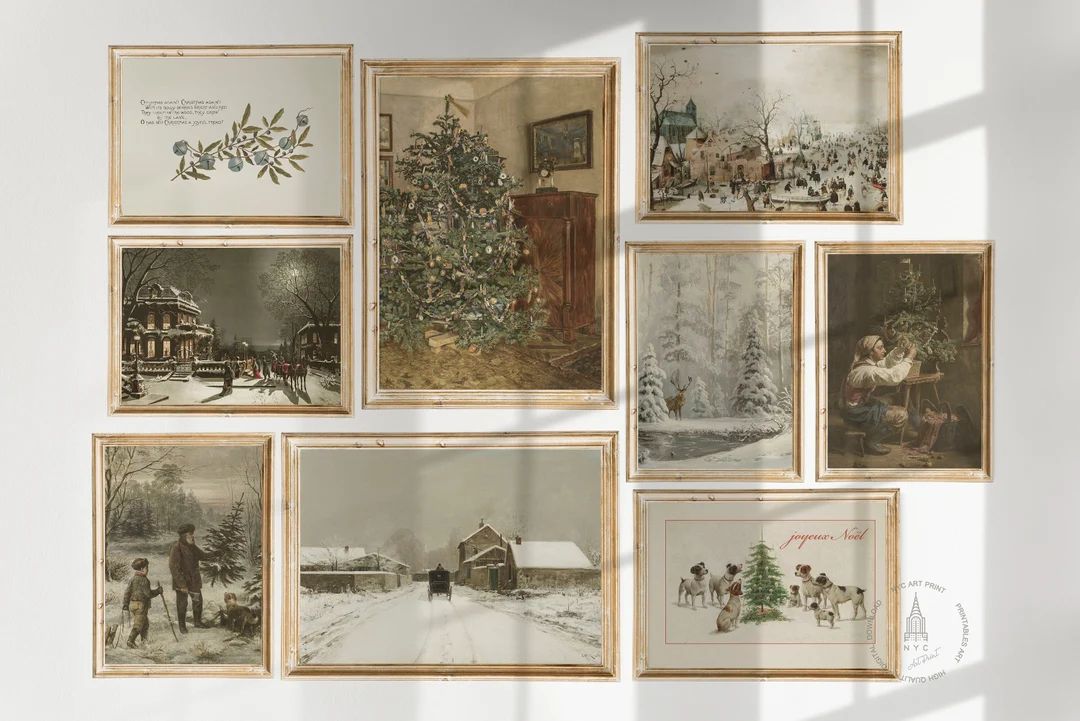 Christmas Prints Gallery Wall Set of 9 Vintage Christmas - Etsy | Etsy (US)