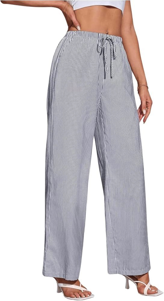 GORGLITTER Women's Striped Pants High Waist Drawstring Wide Leg Pant with Pockets | Amazon (US)