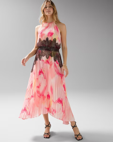 Sleeveless Pleated Halter Dress with Lace Detail | White House Black Market