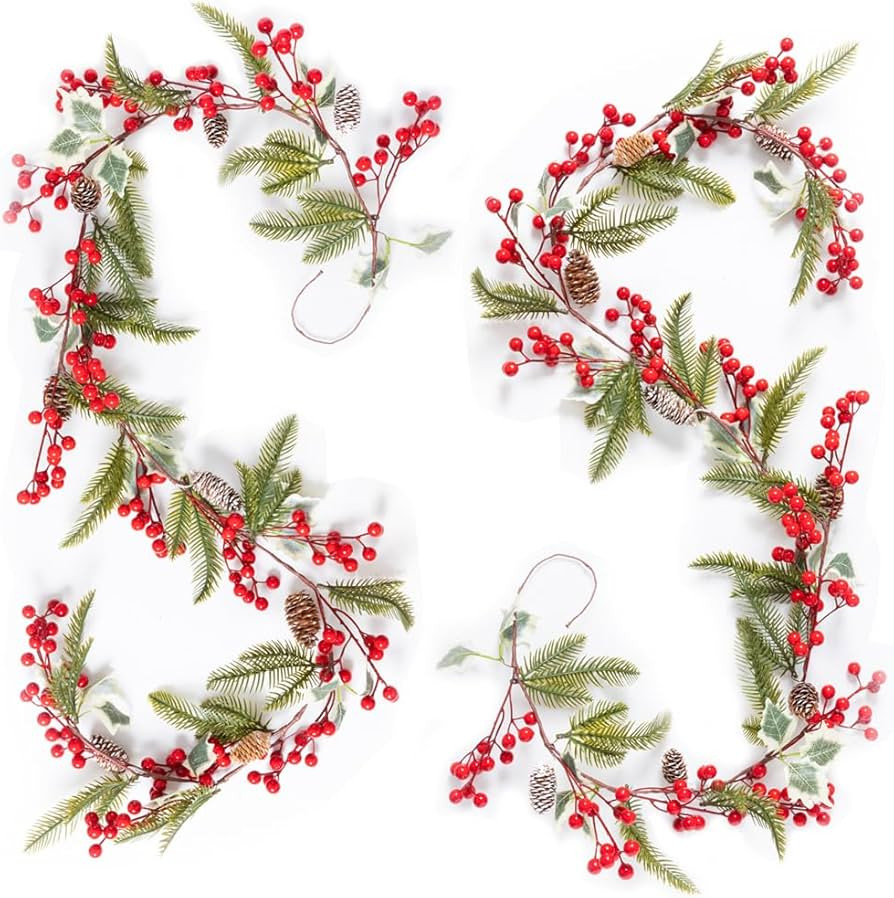 2 Pcs Red Berry Garland Christmas Decoration, 6FT Berry Pine Christmas Garland with Pinecones, Wi... | Amazon (US)