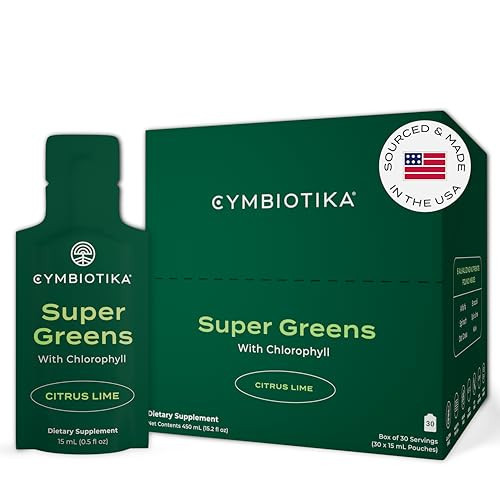 CYMBIOTIKA Super Greens Supplement with Chlorophyll, Spirulina, Daily Vegan Superfood Packets for Digestive Gut Health, Detox, Energy and Immune Support, Citrus Lime Flavor, 15 mL Pouches, 30 Pack | Amazon (US)