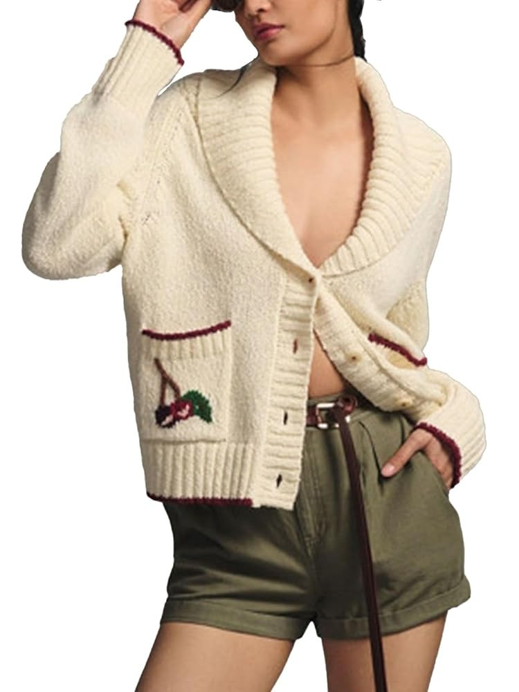 Women Cute Graphic Chunky Cardigan Long Sleeve Button Down Knit Sweater Top Cropped Fall Winter K... | Amazon (US)