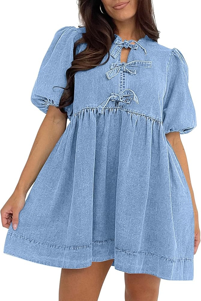Qazel Vorrlon Denim Dress for Women Puff Short Sleeve Babydoll Jean Romper Pockets Summer Casual ... | Amazon (US)