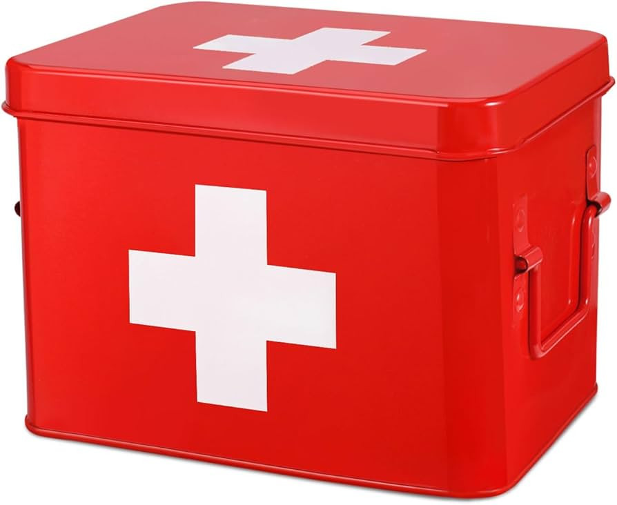 Flexzion First Aid Box Organizer, Empty 8.5 Inch Red Vintage First Aid Kit Tin Metal Medical Box ... | Amazon (US)