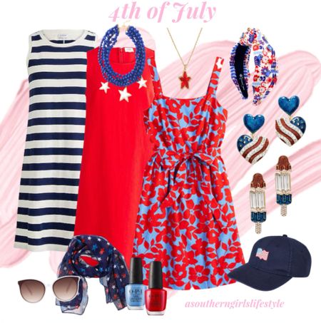 4th of July Mix n Match Outfits! Dresses are on Sale! 

Beaded Star Necklace & Headband are BriannaCannon.com & my discount code is: 10Anna 

Navy Striped TShirt Dress, Red Linen Blend Shift Dress, Floral Dress, Red Star Necklace, Double Heart Drop Earrings, Popsicle Drop Earrings, Flag Baseball Hat, OPI Nail Polishes, Americana Star Printed Scarf & White Sunglasses 

Summer Outfit. Summer Dress. 

#LTKFindsUnder50 #LTKStyleTip #LTKSeasonal