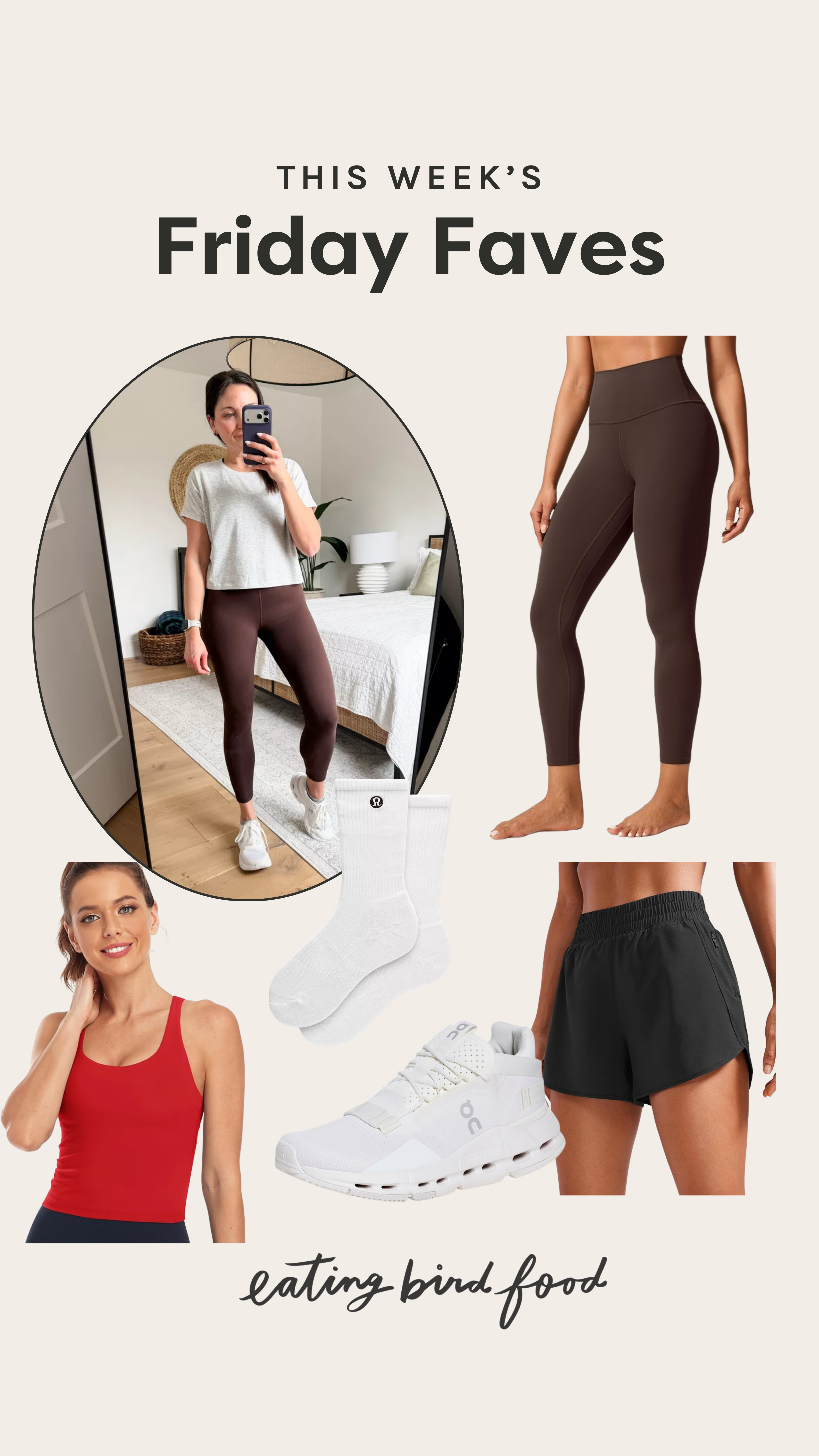 Friday Faves: Athletic Wear / Athleisure Finds! 

1. CRZ Yoga Butterlift Workout Leggings: These feel like a second skin: soft, supportive, and flattering in all the right places. I love the high waist and the buttery-smooth fabric that moves with you during workouts or stretches. I wear them for yoga, walks, or just around the house.

2. HeyNuts Sports Bra Tank Top: This is my favorite layering bra-top combo. The fit is snug but comfortable, with just enough coverage for low-impact workouts or errands. I especially love that it doubles as a cute tank top under hoodies or jackets.

3. Unisex Daily Essential Crew Socks: These socks are the perfect everyday staple. They're soft, durable, and just the right thickness for sneakers or boots. I want a pair in every color.

4. On Cloudnova 2 Sneakers: These sneakers feel like walking on clouds, seriously. They’re lightweight, supportive, and stylish. I reach for these on days when I know I’ll be on my feet a lot.

5. All in Motion Women's Active Light High-Rise Shorts 3": These shorts are my go-to for sweaty workouts. The high-rise fit stays put and feels flattering, while the soft fabric moves easily whether I’m stretching, running, or just running errands. 

 #LTKActive #LTKFindsUnder50 #LTKFindsUnder100