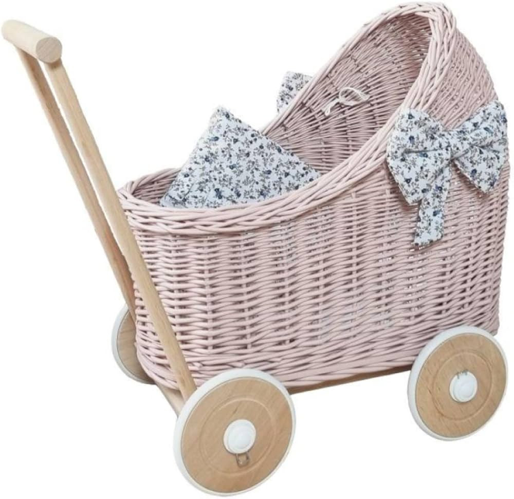 WIKLIBOX Pink Rattan Doll Stroller - Hand Made in Europe - Wicker Doll Pram, Baby Walker - Pink w... | Amazon (US)