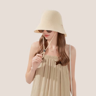 Anna-Kaci Crochet Bucket Hat with Adjustable Chin Strap and Back Button Eyelet Panel for Sun Protection- Beige | Target