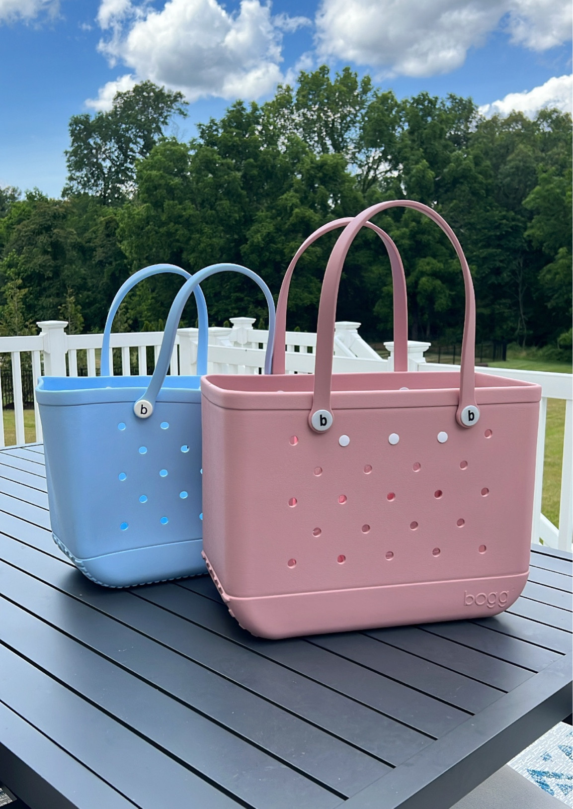 Bogg Bag real vs dupe. 
Light blue is the dupe
Blush is the real 
*I couldn’t get the look for less to bend back into shape from shipping. I recommend getting the REAL bag. It’s worth it. 