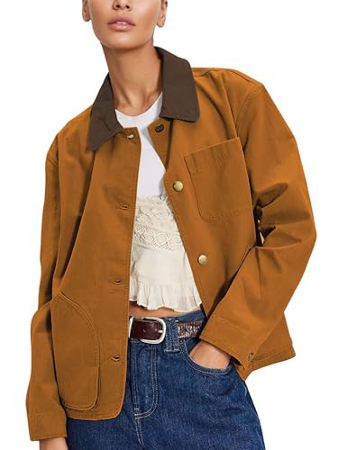 HangNiFang Oversized Contrast Barn Jacket for Women Button Down 2026 Fashion Coat with Pockets(2000-Brown-M) | Amazon (US)