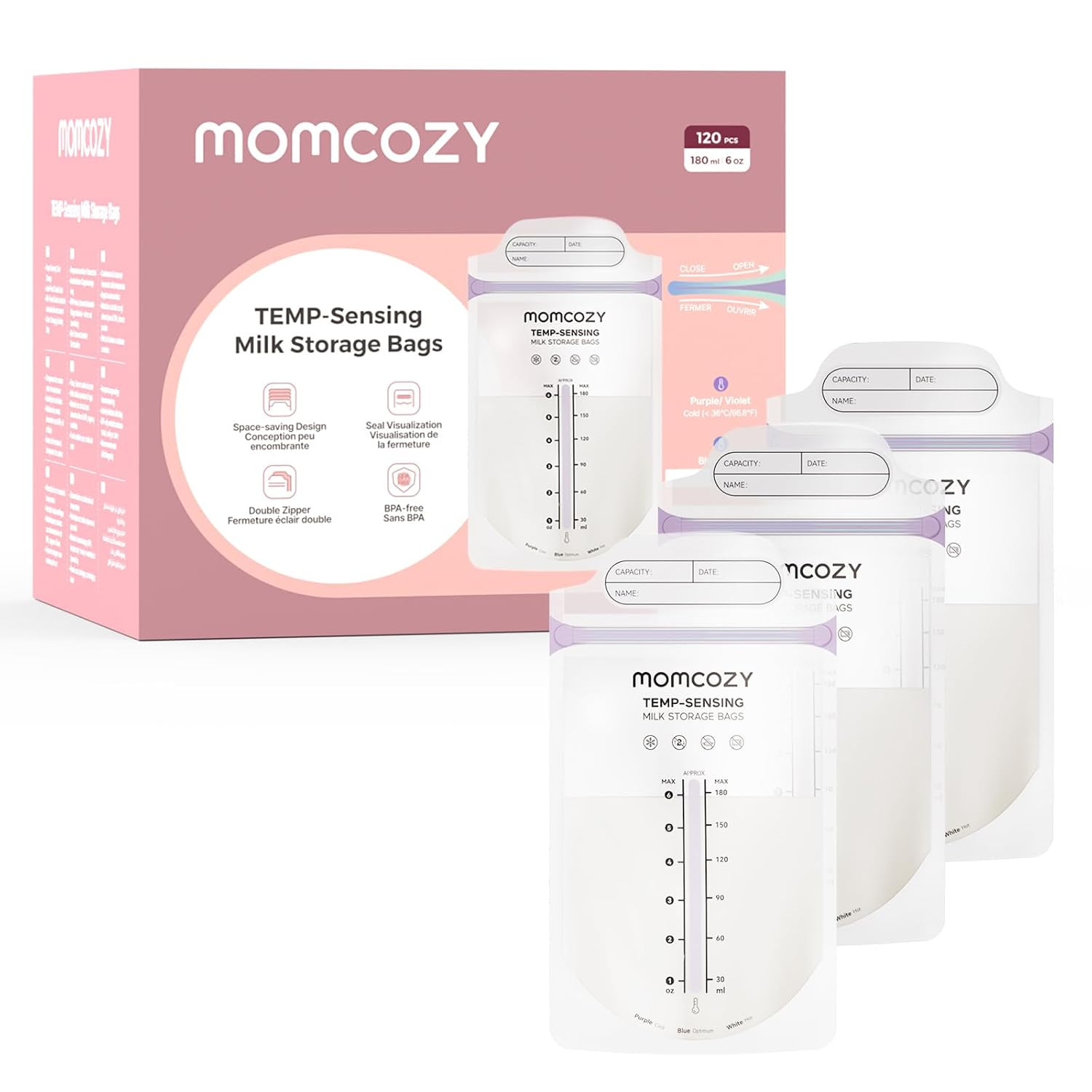 Momcozy Breastmilk Storage Bags, Larger Temp-Sense Area&Double Zip, 120ct | Amazon (US)