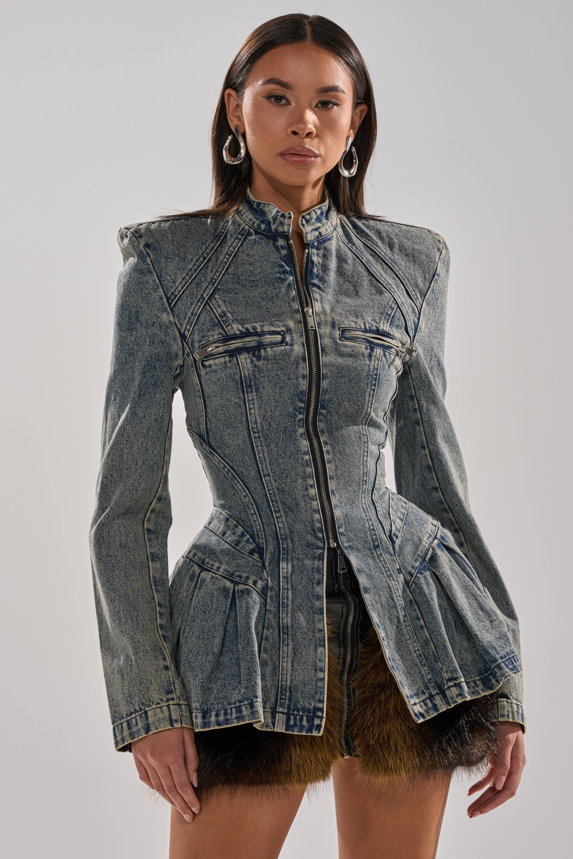 AKIRA Mallorca Peplum Denim Jacket | Size Medium | AKIRA