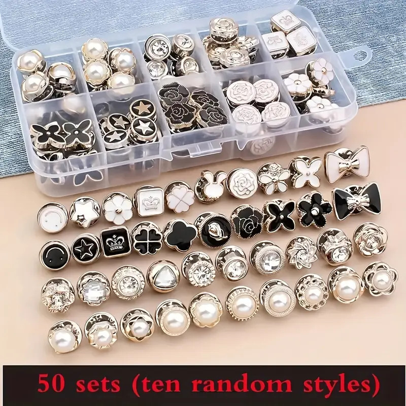 50-Set Pearl No-Sew Fashion Buttons - Elegant Removable Neckline Pins, Reusable, Black & White, S... | Temu Affiliate Program