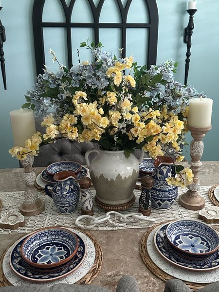 Love blue and yellow for summer decor #summerdecor #summerflorals #fauxflowers #diningtable #tablescape #tabledecor 

#LTKStyleTip #LTKSeasonal #LTKHome