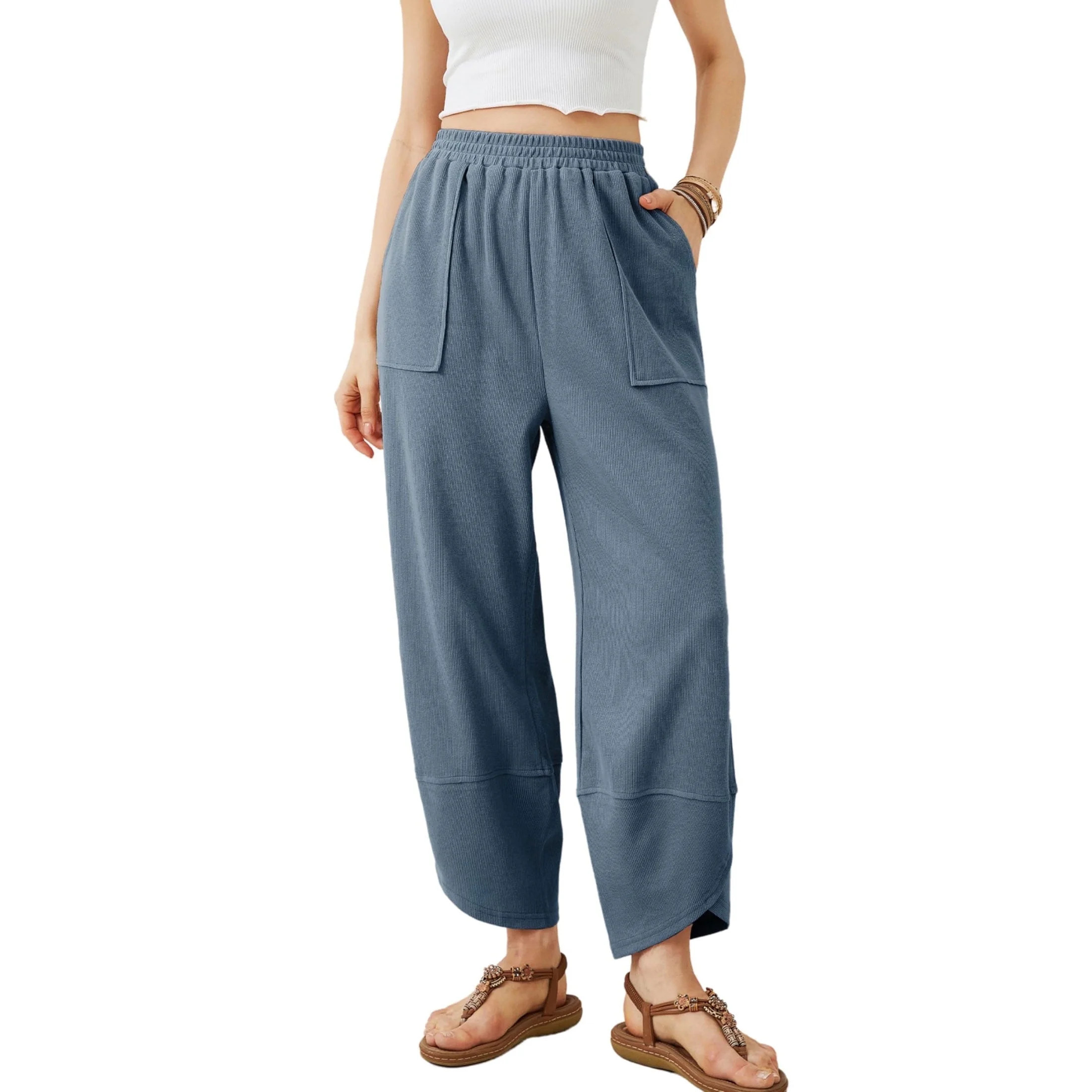 PUWEI Women's Wide Leg Pants Baggy Elastic Waisted Palazzo Harem Trousers with Pockets | Walmart (US)