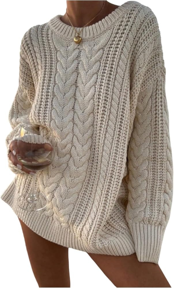 Women's Oversized Cable Knit Sweater Crewneck Long Sleeve Pullover Sweaters Fall Jumper Top | Amazon (US)