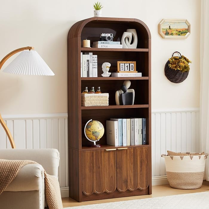70" Tall Arched Bookshelf with Storage Cabinet, Modern 4-Tier Wood Bookcase with Scalloped Doors ... | Amazon (US)