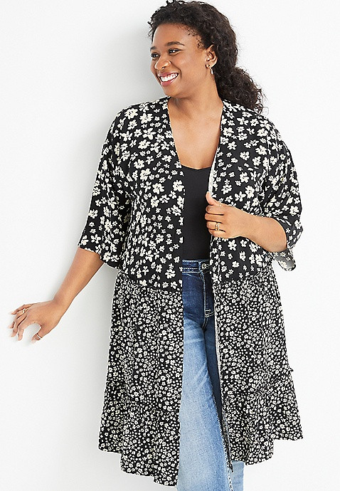 Plus Size Black Daisy Tiered Kimono | Maurices