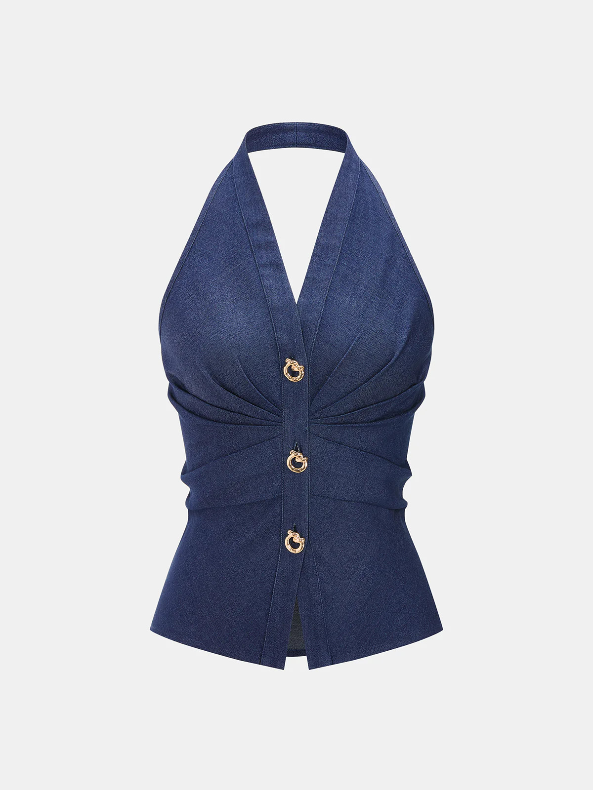 Metal Button Denim Halter Ruched Top | Commense