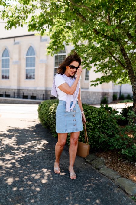 Petite friendly light wash denim skirt that fits like a dream.  Perfect with your favorite tshirt

Petite friendly T-shirts neck T-shirts, petite summer outfits

Kitten heel sandal that goes with everything in you closet this summer.

#ltkpetite #petite

#LTKOver40 #LTKSeasonal #LTKShoeCrush
