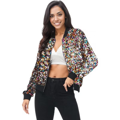 Anna-Kaci Sequin Bright Color Bomber Zip-Up Solid Jacket | Target
