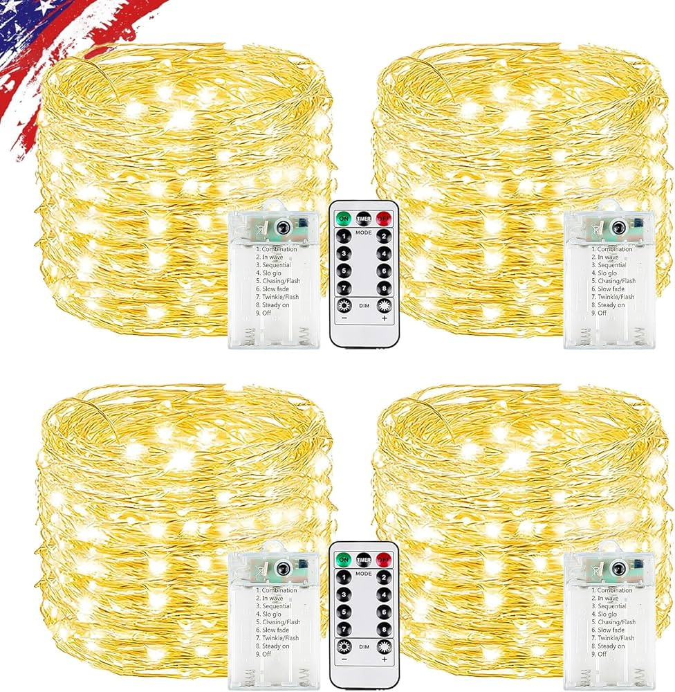 4Pack 80FT 240LED Fairy Lights Battery Operated with Remote & Timer | 8 Modes Twinkle String Ligh... | Amazon (US)
