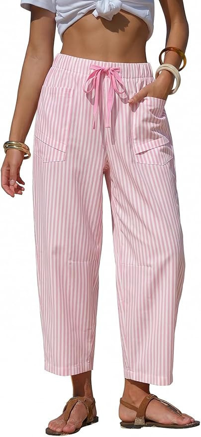 Byinns Womens Faux Linen Striped Barrel Pants Comfy Drawstring Capri Pant Summer Beach Vacation L... | Amazon (US)