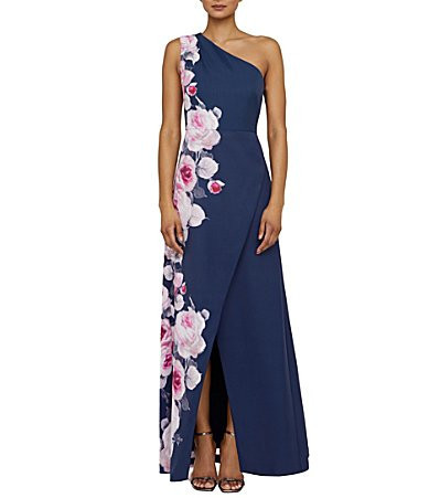 Kay Unger Stretch Crepe Floral Placement Print One Shoulder Neck Sleeveless Sheath Gown -  16 | Dillard's