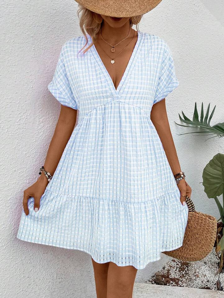 SHEIN LUNE Women V-Neck Plaid Vacation Style Short Sleeve Dress | SHEIN