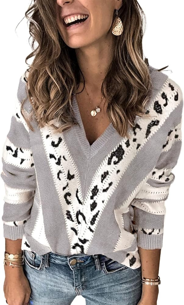 Elapsy Womens V Neck Long Sleeve Ripped Distressed Pullover Knitted Sweater S-2XL | Amazon (US)
