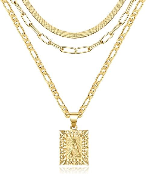KissYan Gold Layered Necklace Set for Womens, 14K Gold Plated Initial Letter Pendant Necklace Pap... | Amazon (CA)