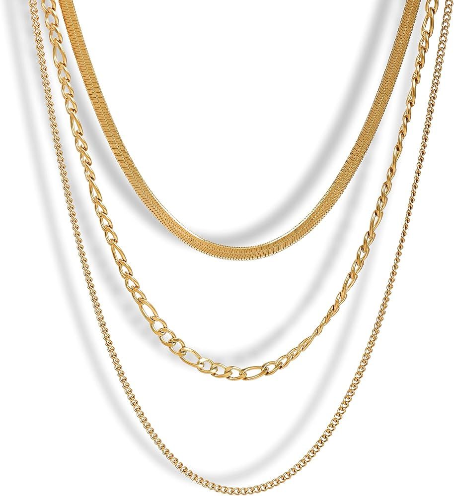 CONRAN KREMIX Layered Gold Necklaces For Women 14K Real Gold Plated Herringbone Chain Choker Neck... | Amazon (US)