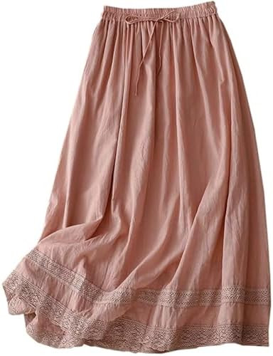 SANGTREE Women's Lace Cotton Linen Midi Skirt High Waisted A Line Flowy Swing Boho Long Skirts | Amazon (US)