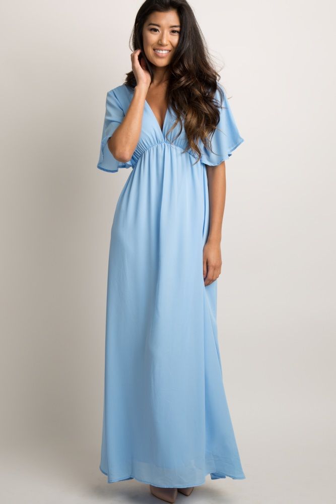 Tall Light Blue Chiffon Bell Sleeve Maxi Dress | PinkBlush Maternity