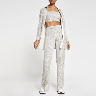 Silver fitted sequin trousers | River Island (UK & IE)