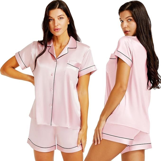 Lonxu Womens Silk Satin Pajamas Set Two-piece Button-Down Pj Sets Sleepwear Loungewear XS~3XL | Amazon (US)