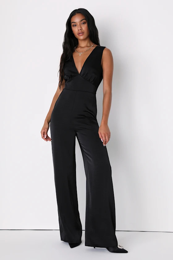 Remarkable Style Black Satin Twist-Back Cutout Wide-Leg Jumpsuit | Lulus (US)