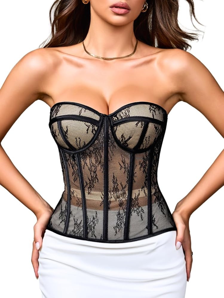 Sexy Lace Corset, Sheer Mesh Push-Up Underwire Bustier Shapewear, Party Outfits for Women 00-18 | Amazon (US)