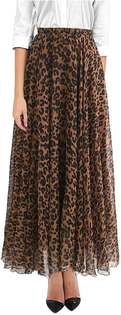 ZAKIA Women's Elastic Leopard Snake Print Maxi Long Skirt High Waisted Casual Pleated Short Dress | Amazon (US)