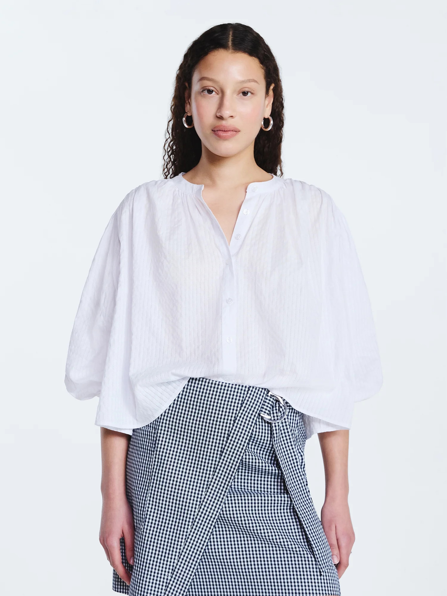 Free Assembly Women's Shirred Cotton Button Down Blouse with Long Sleeves, Sizes XS-XXL | Walmart (US)