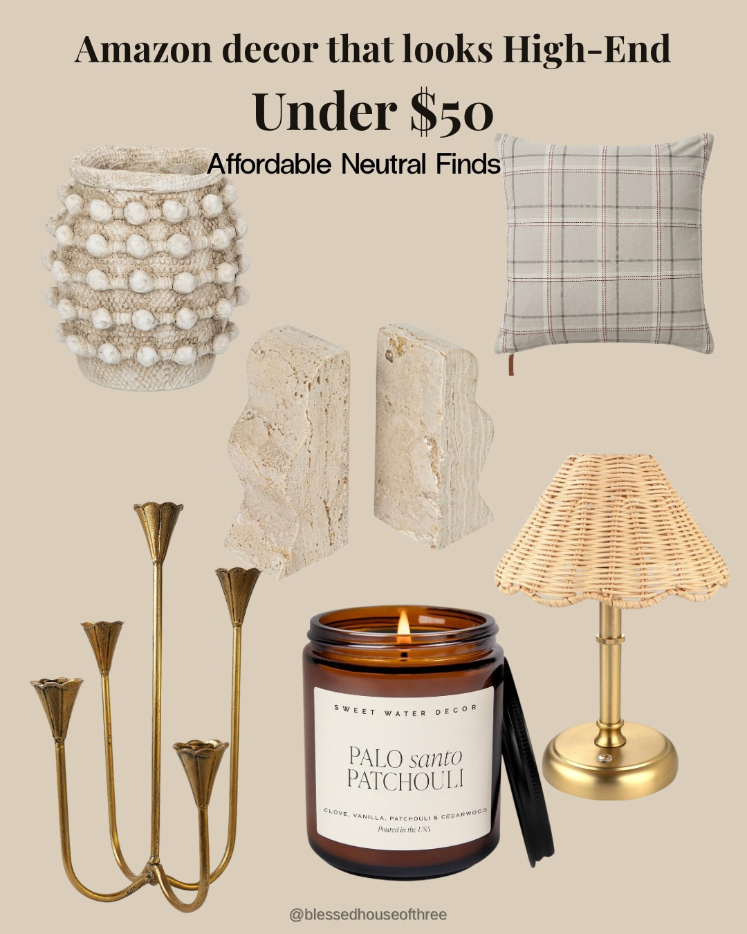 Amazon decor that looks high-end without the designer price tag 🤍 Sharing my favorite neutral home finds under $50 including a textured vase, marble bookends, brass candle holder, plaid neutral pillow, rattan lamp, and warm amber candle. These affordable pieces create a cozy, elevated look perfect for spring decorating, shelf styling, console tables, and neutral home decor lovers who want the Studio McGee aesthetic on a budget.

#LTKSaleAlert #LTKHome #LTKSeasonal