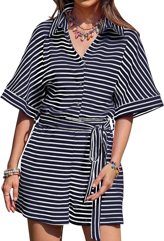 Yousify Womens Summer Casual Striped Rompers Short Sleeve Button Down Belted Elastic Waist Short ... | Amazon (US)