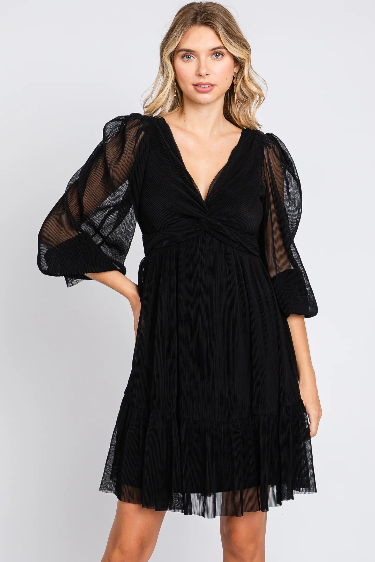 Black Pleated Knotted Long Sleeve Dress | PinkBlush Maternity